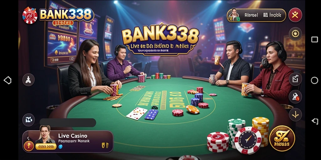 Screenshot utama BANK338 menampilkan dealer langsung dalam permainan Live Casino.