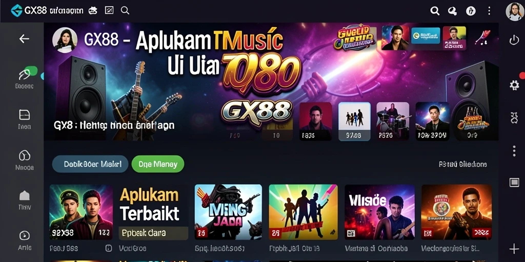 Screenshot gameplay GX88 menampilkan berbagai lagu dan daftar putar.