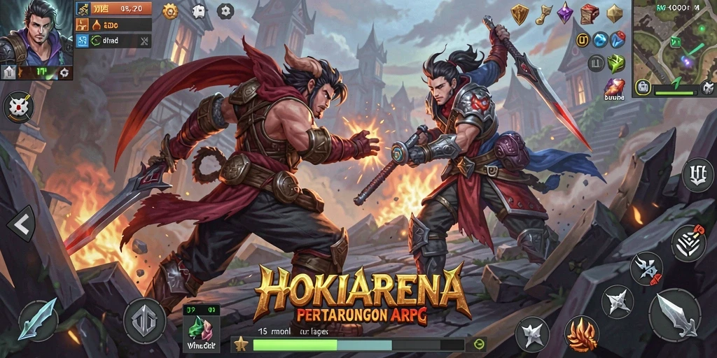 Screenshot menunjukkan aksi pertarungan epik di HOKIARENA.
