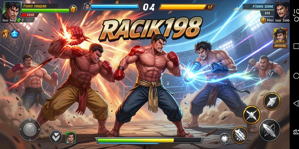 Screenshot menampilkan aksi bertarung seru dalam RACIK198.
