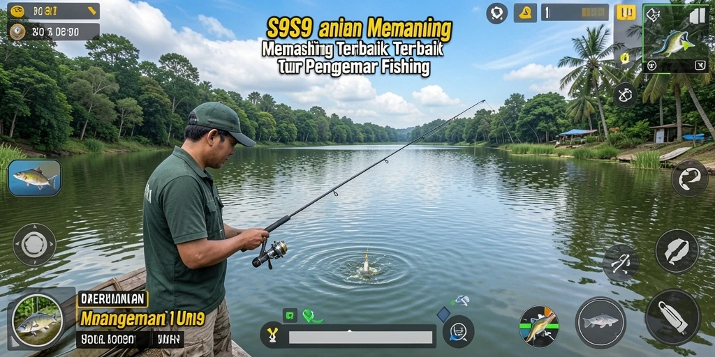 Screenshot gameplay S9S9 menampilkan aksi memancing seru di alam yang indah.